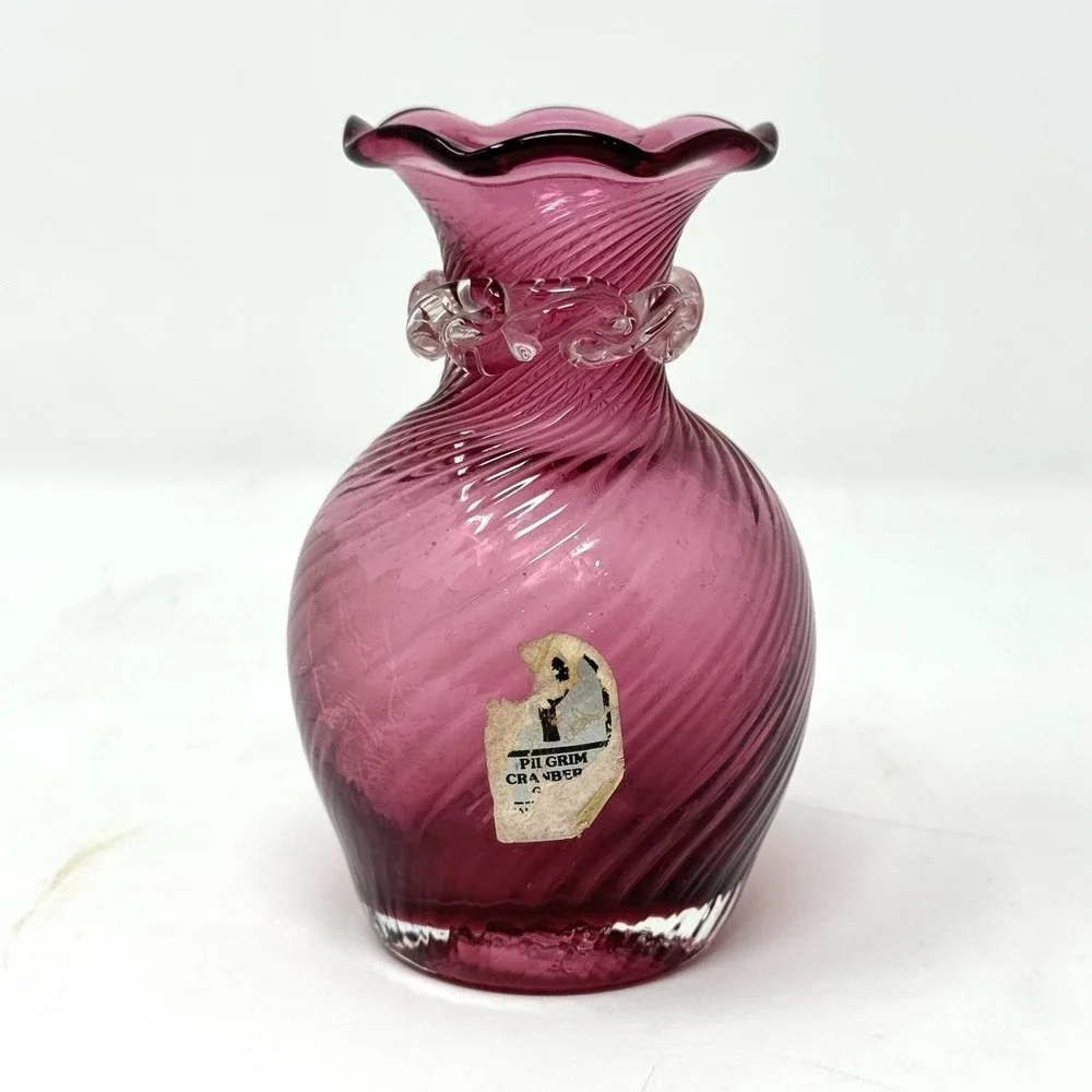 Pilgrim Cranberry Glass Hand Blown Optic Swirl Bud Vase 4.5